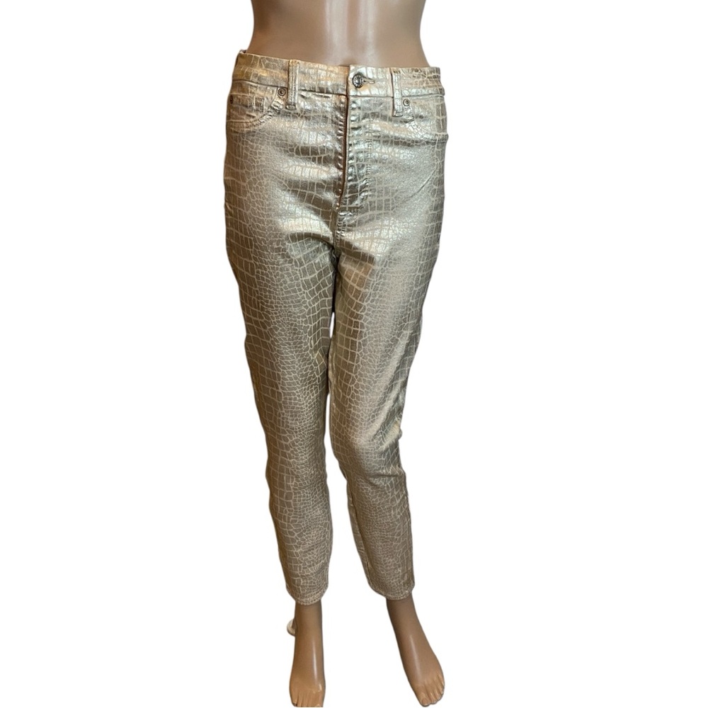 7 For All Mankind Aubrey Super Hi Waist Skinny Jeans Croc Coated Gold Sz 27 NWT